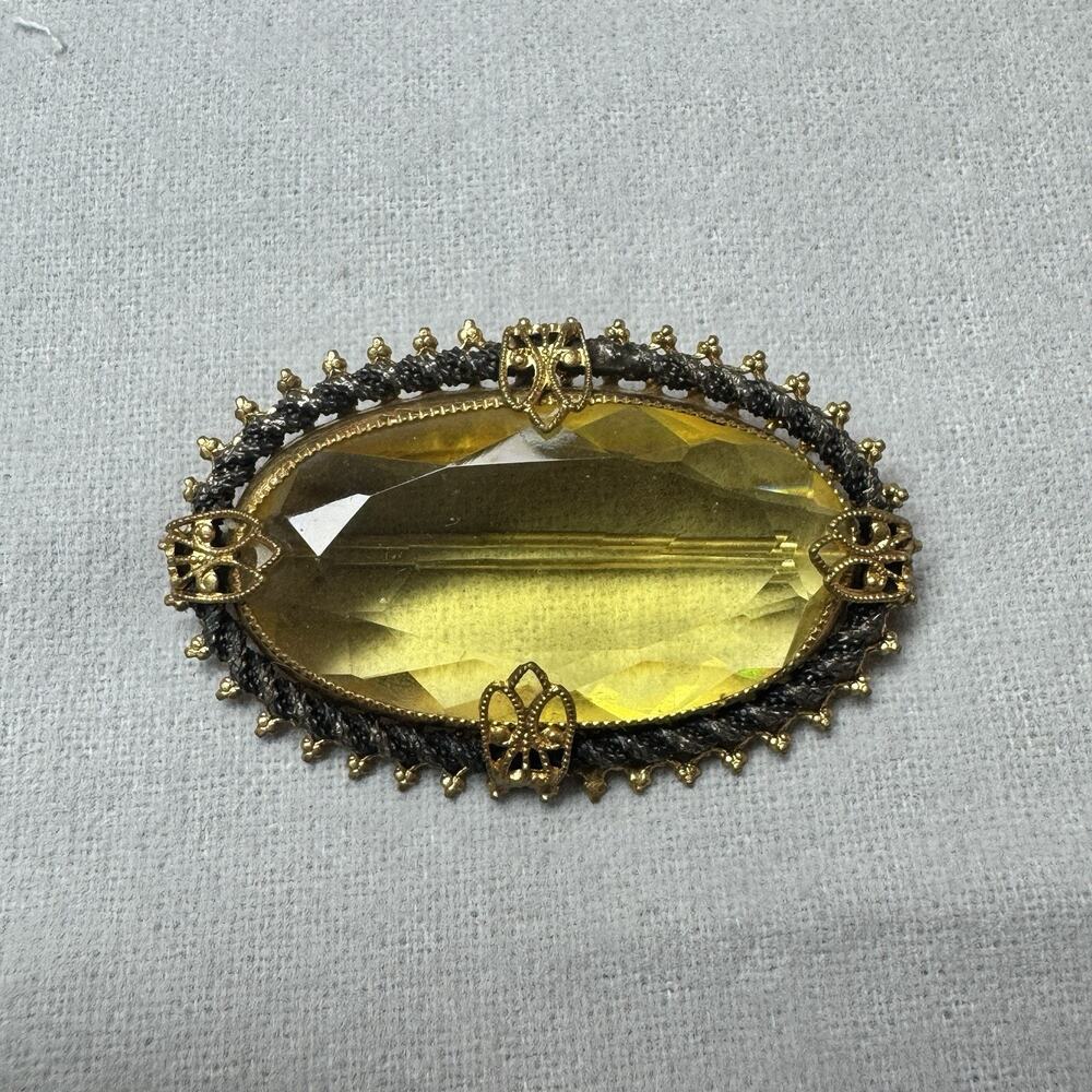 Antique C Clasp Czech? Gold Filled Brooch With Large Yellow Color Faceted Glass
